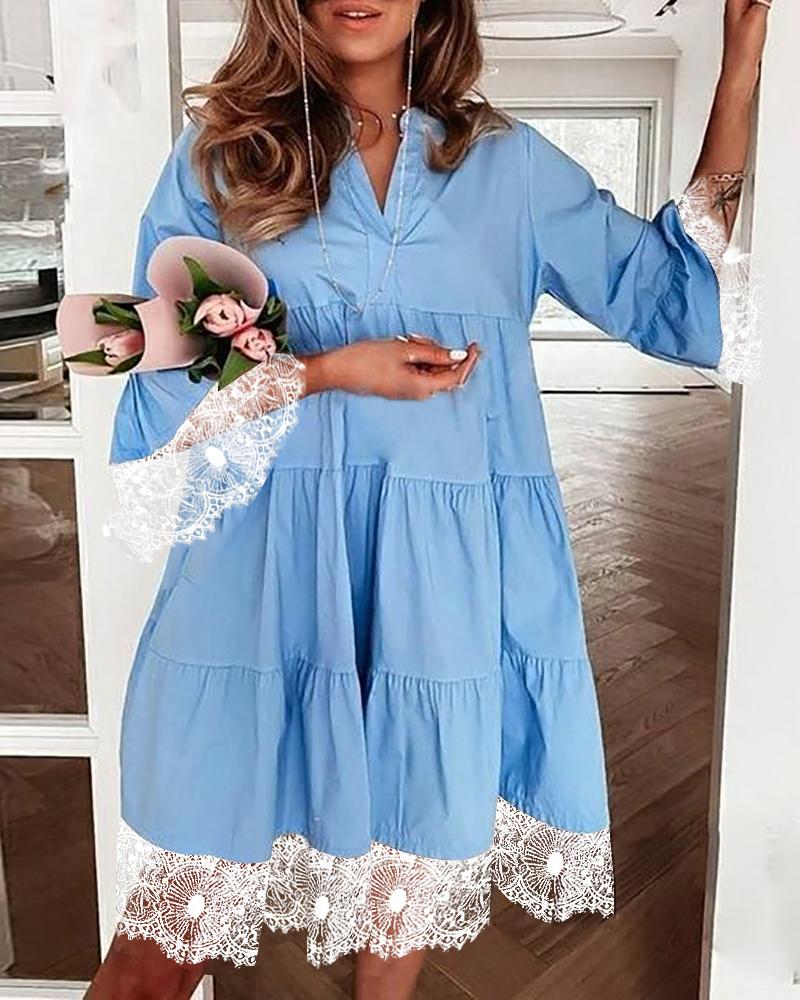 

Lace Patch Half Sleeve Ruched Dress, Blue