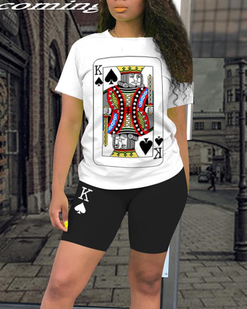 

Plus Size Poker Print Casual Top & Shorts Set, Black