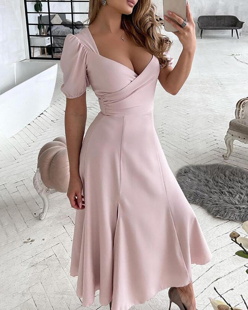 

Short Sleeve Backless Ruched Casual Dress, Pink