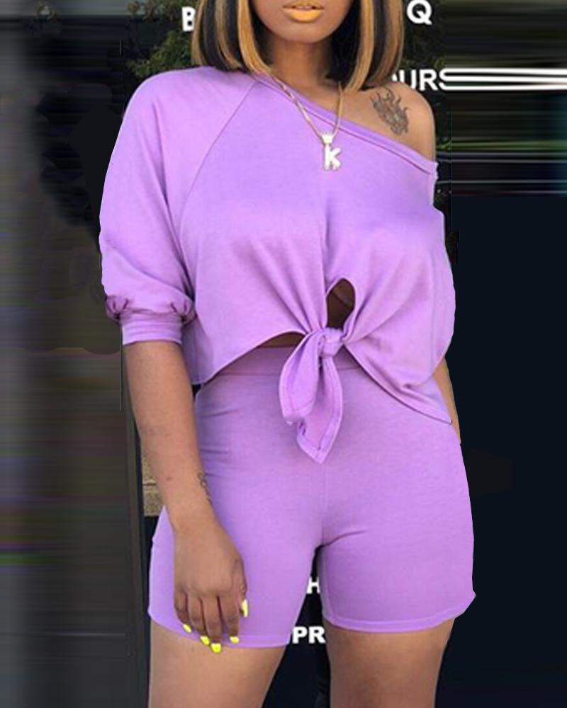 

Solid Knotted Detail Crop Top & Short Set, Purple