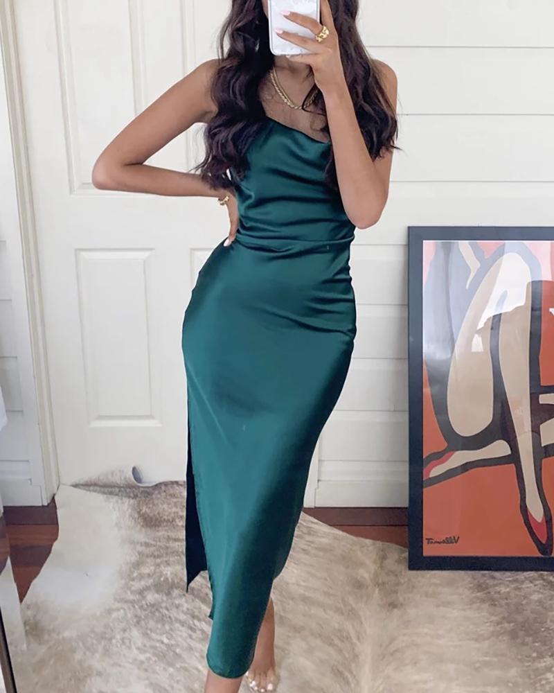 

Cowl Neck Satin Spaghetti Strap Party Dress, Green
