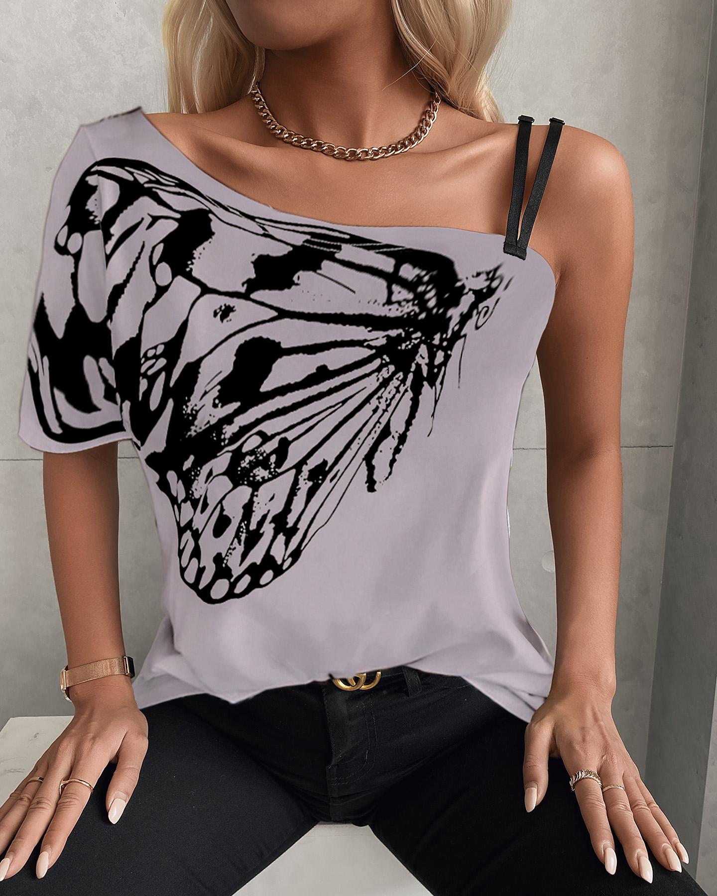 

One Shoulder Butterfly Print Casual T-shirt, Gray