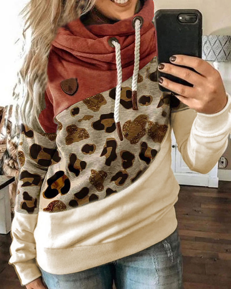 

Lantern Sleeve Colorblock Leopard Print Hooded Top, Orange