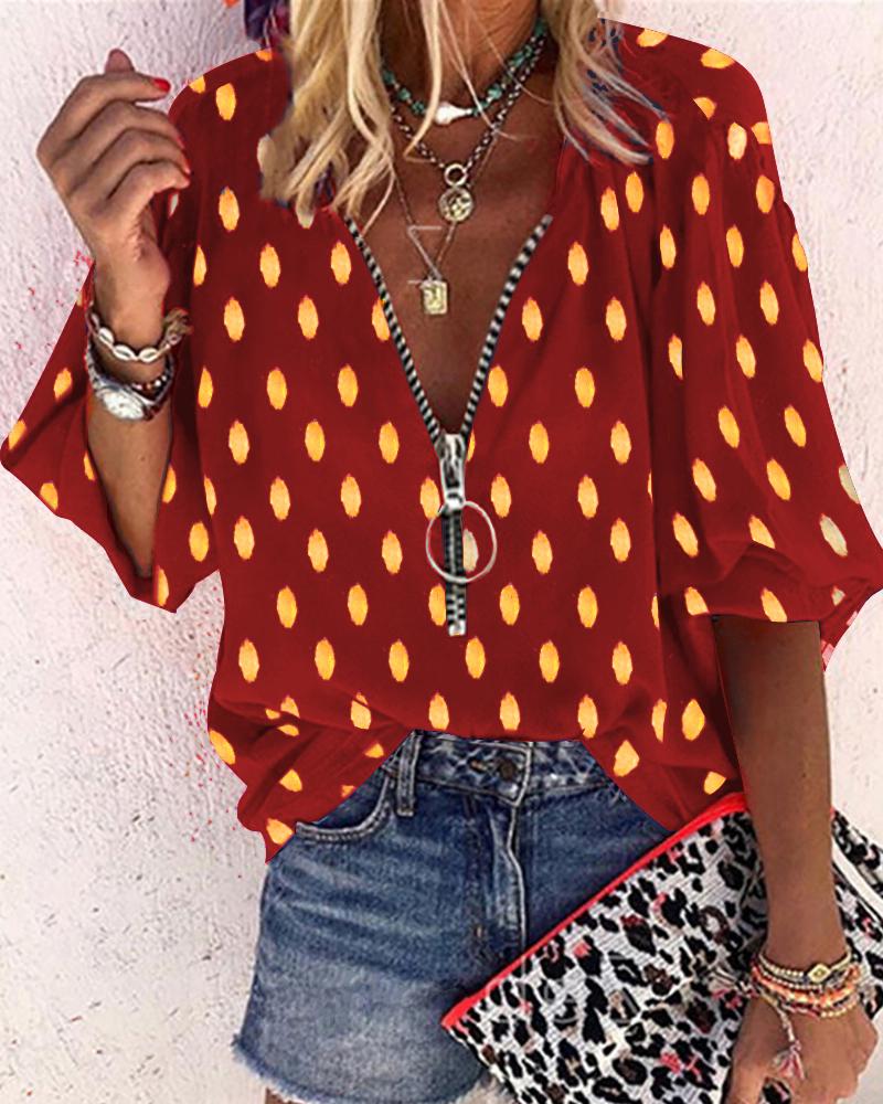 

Polka Dot Print Zipper Decor Half Sleeve Blouse, Red