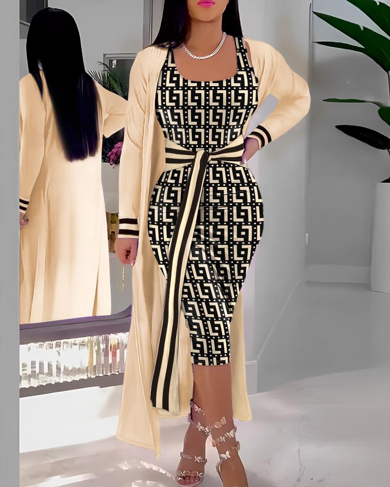 

Striped Geometric Print Tied Detail Dress & Longline Coat Set, Apricot