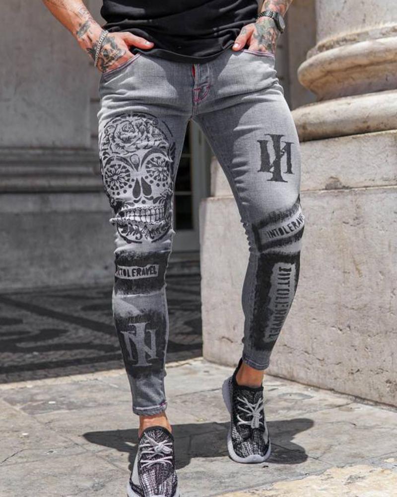 

Skull & Letter Print Skinny Pants, Gray