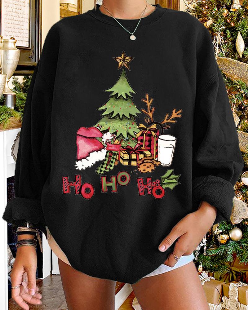 

Christmas O-neck Tree Gift Socks Letter Print Sweatshirt, Black