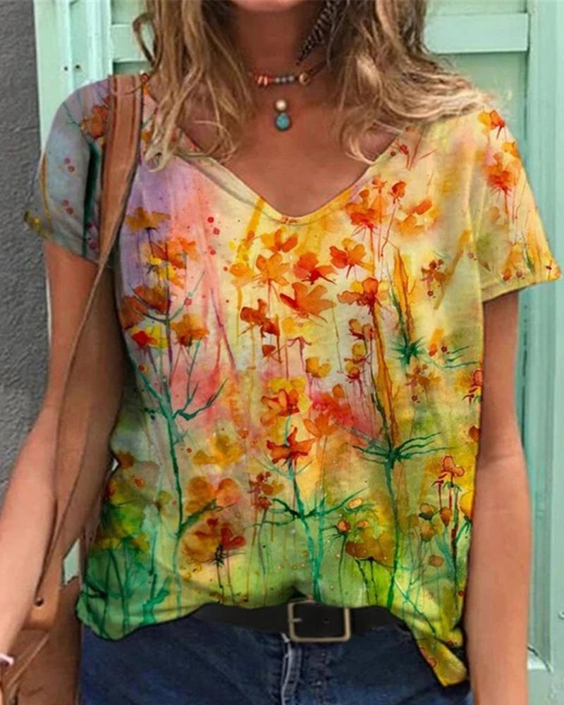 

Floral Print Short Sleeve T-Shirt, Style4