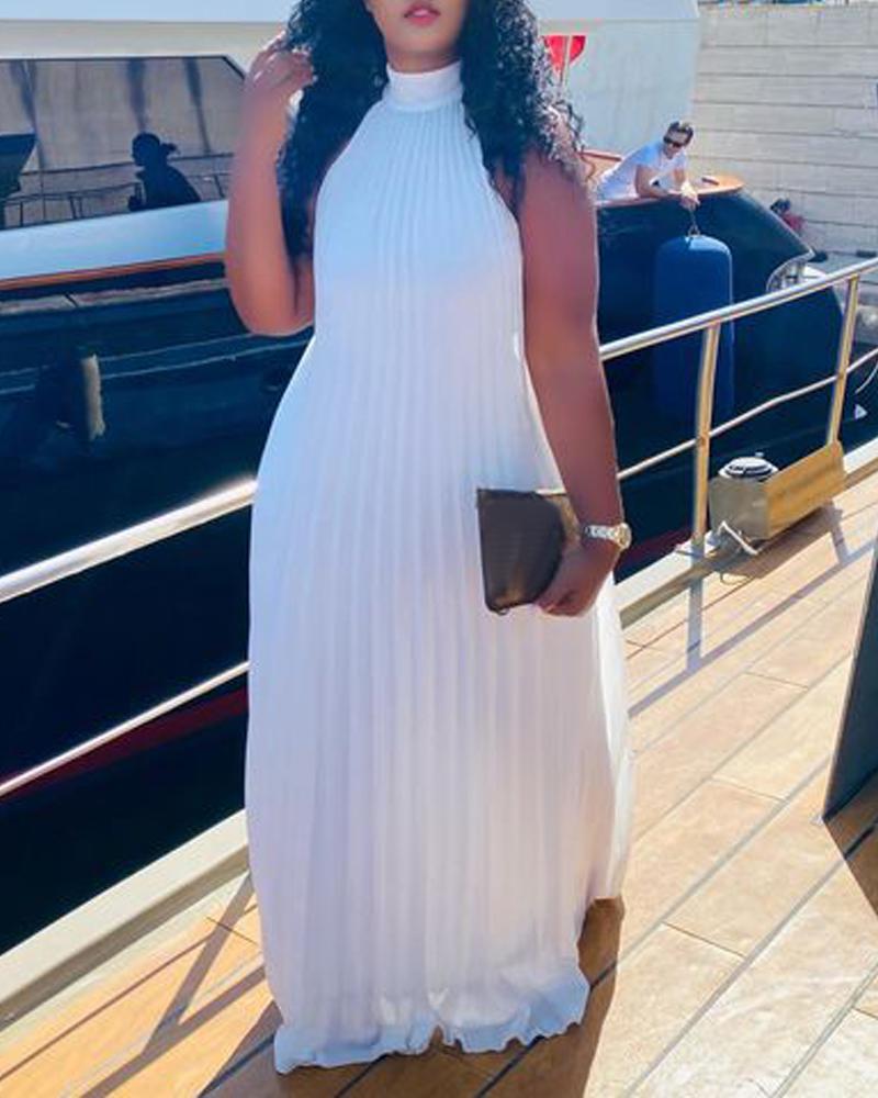 

Plain Sleeveless Pleated Maxi Dress, White