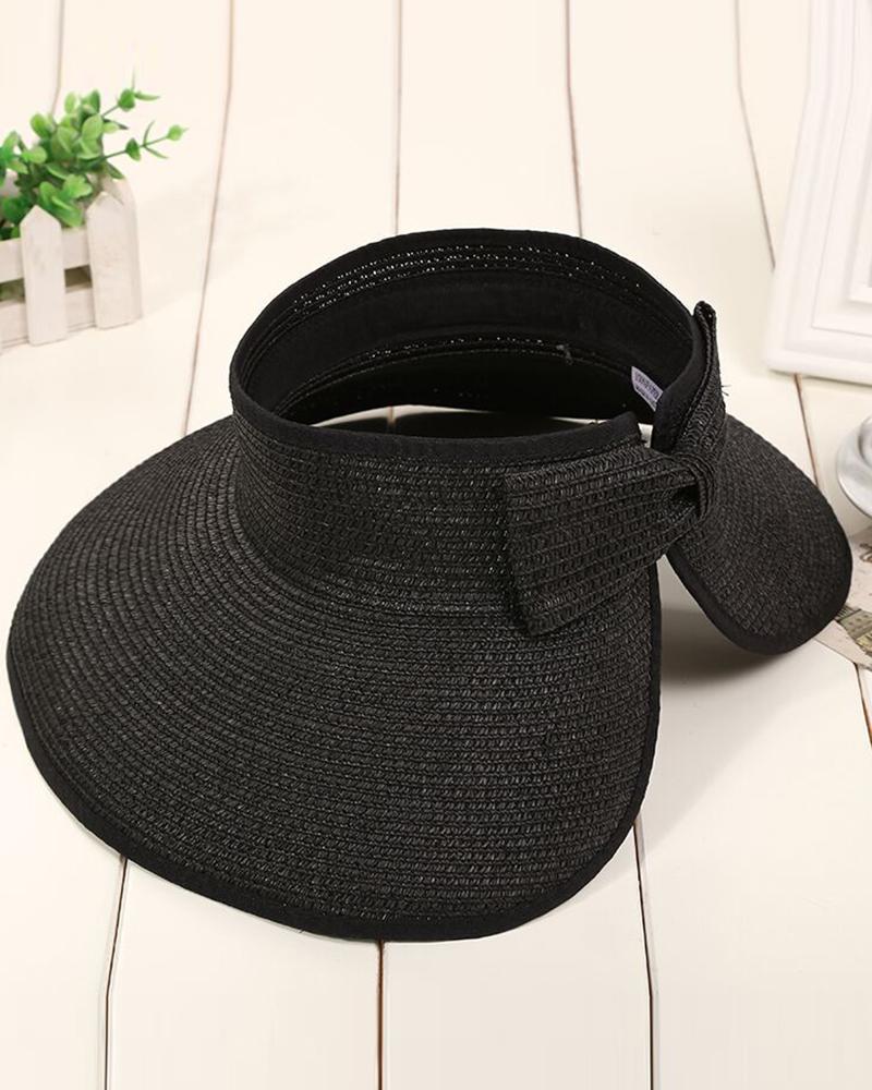 

Bowknot Design Wide Brim Sun Visor Straw Hat, Black