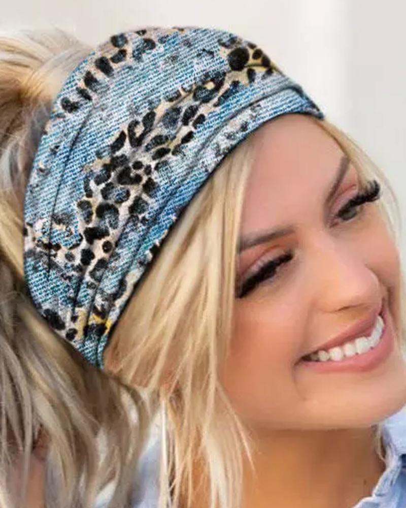 

1pc Leopard Washed Denim Sports Wide Headband, Blue