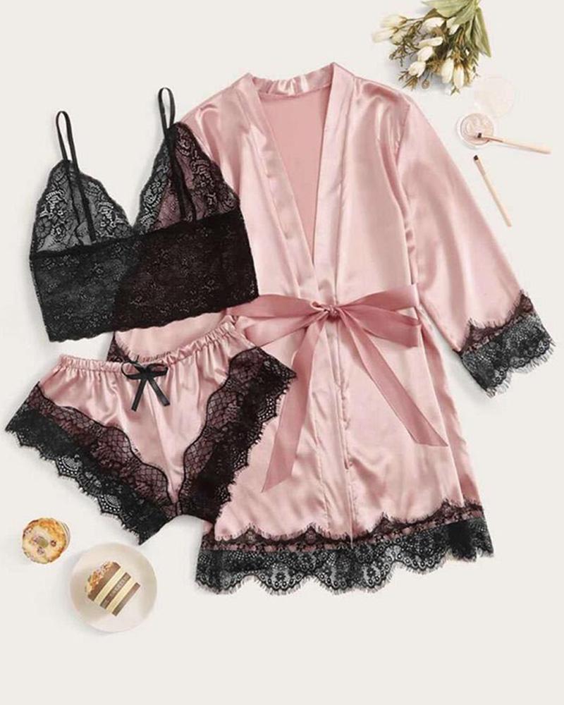 

3PCS Lace Trim Satin Sexy Sleepwear, Pink