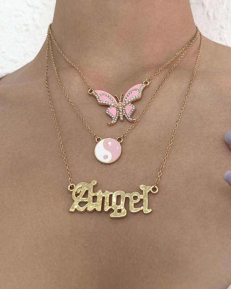 

Multilayer Butterfly Eight-Diagram Letter Pendant Chain Necklace, Pink