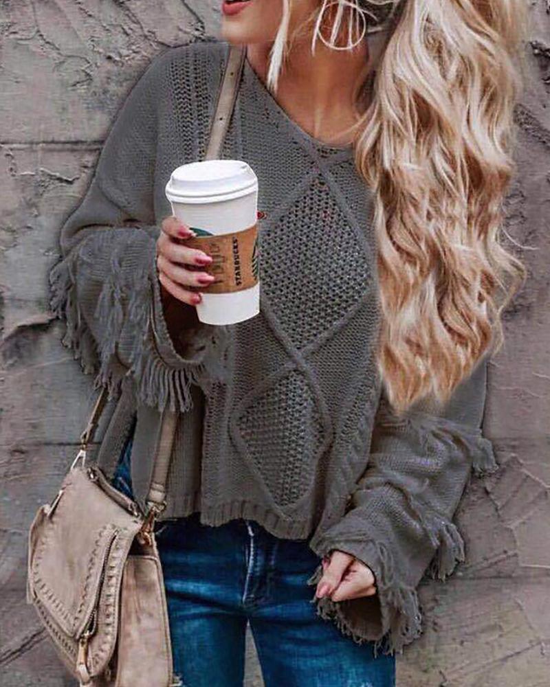 

Plain Tassel Design Long Sleeve Knit Sweater, Gray