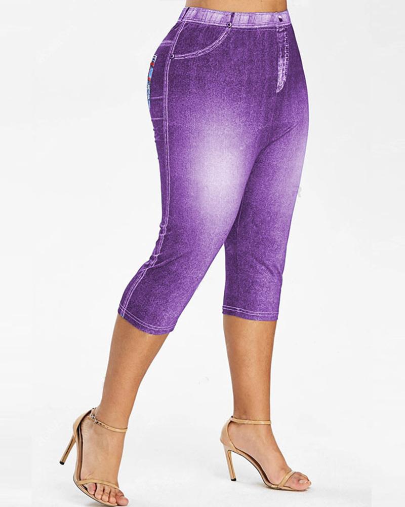 

Denim Look Print Capris Leggings, Purple