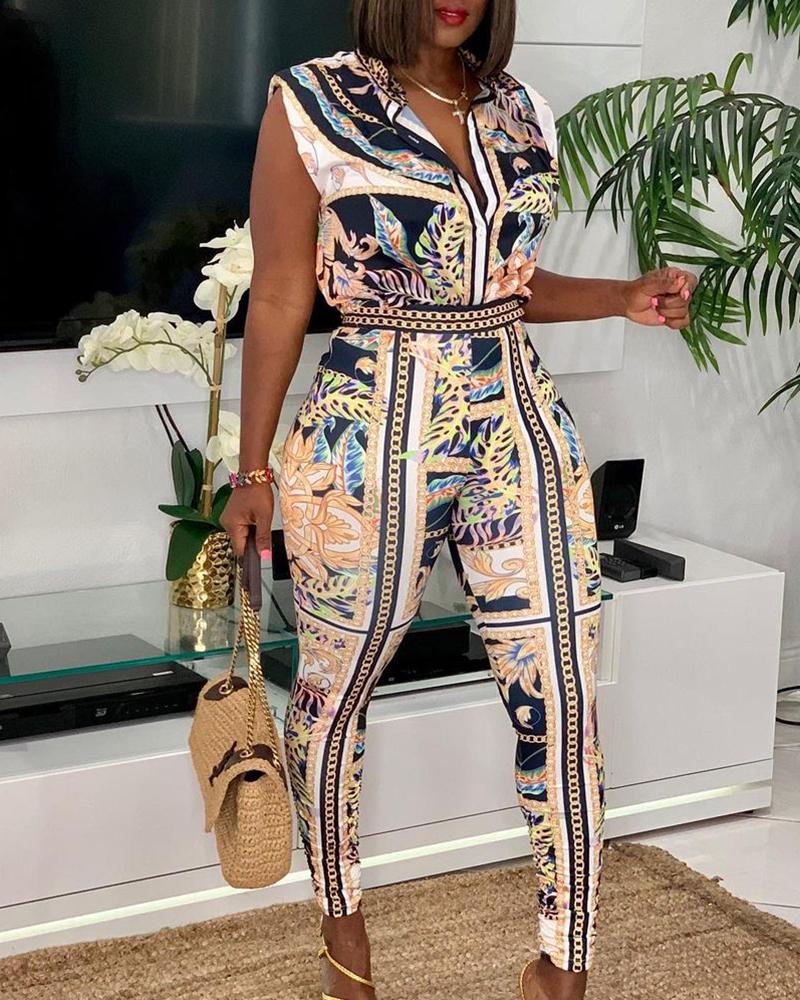 

Scarf Print Sleeveless Top & Pants Set, Multicolor