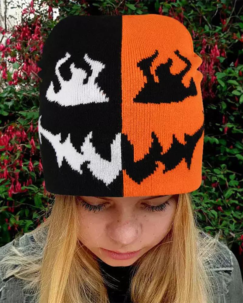 

Halloween Devil Scary Face Colorblock Knitted Hat, Style2