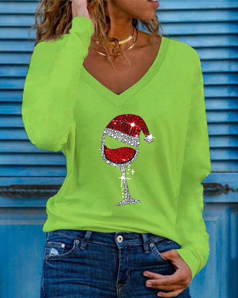 

Christmas Wine Glasses Print Long Sleeve Top, Green