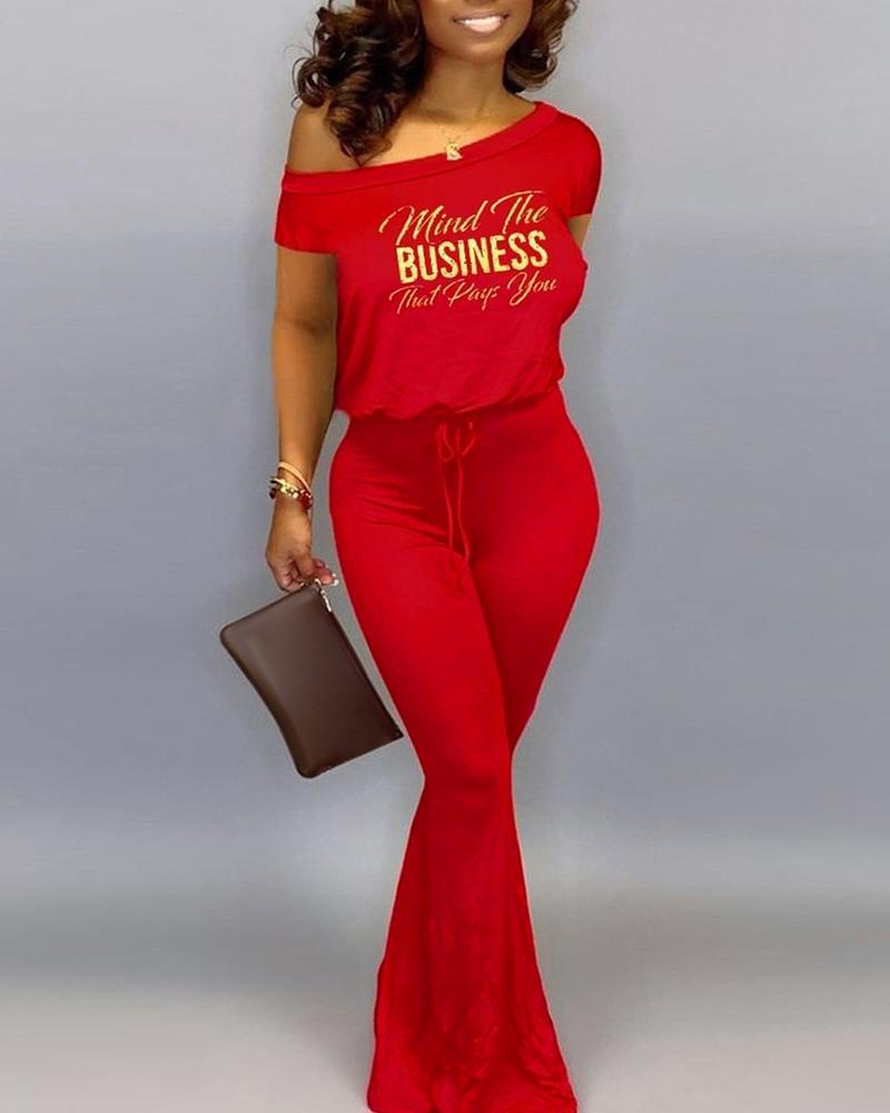 

Letter Print Short Sleeve T-shirt & Flared Pants Set, Red