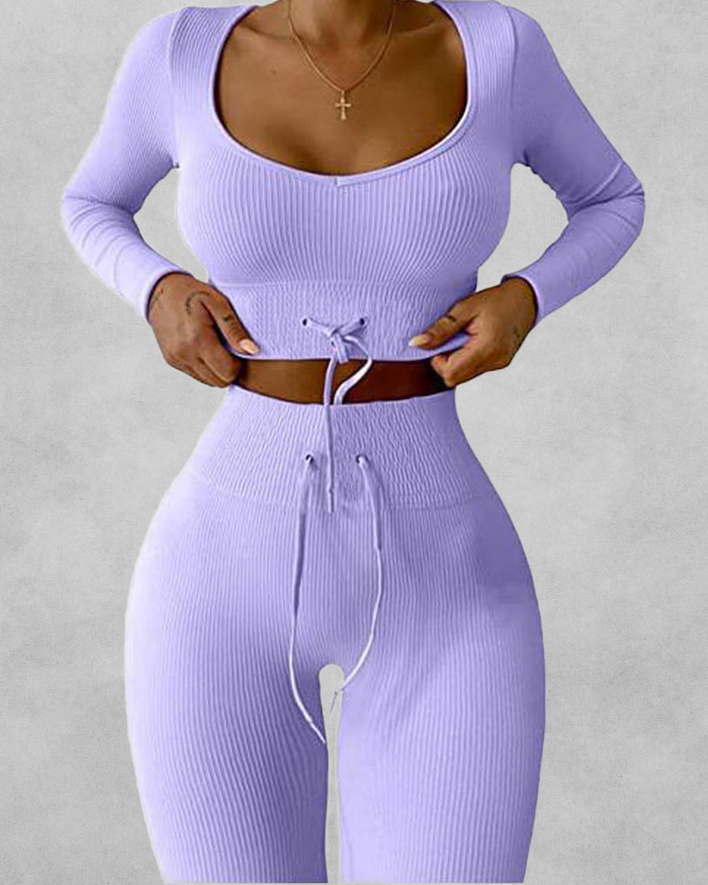 

Long Sleeve Crop Sports Tee With Drawstring Yoga Leggings, Purple