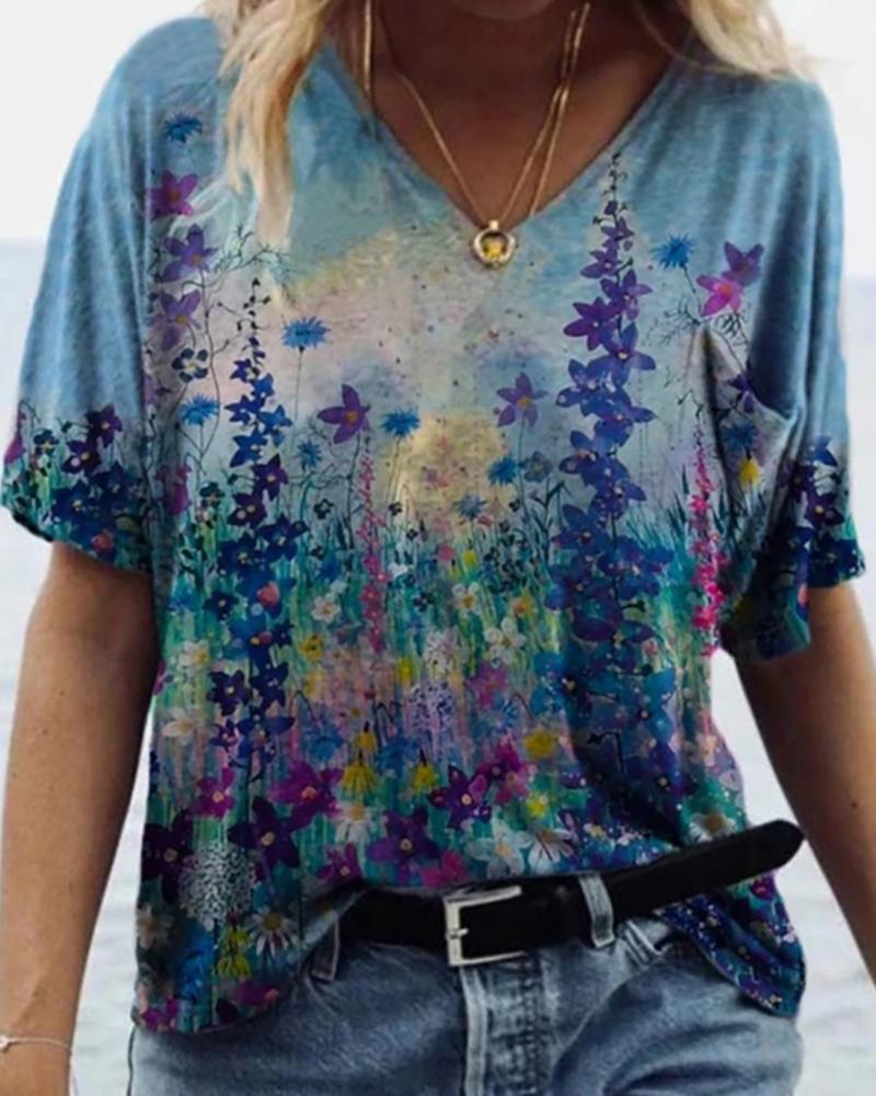 

Floral Print Colorblock Short Sleeve T-Shirt, Blue