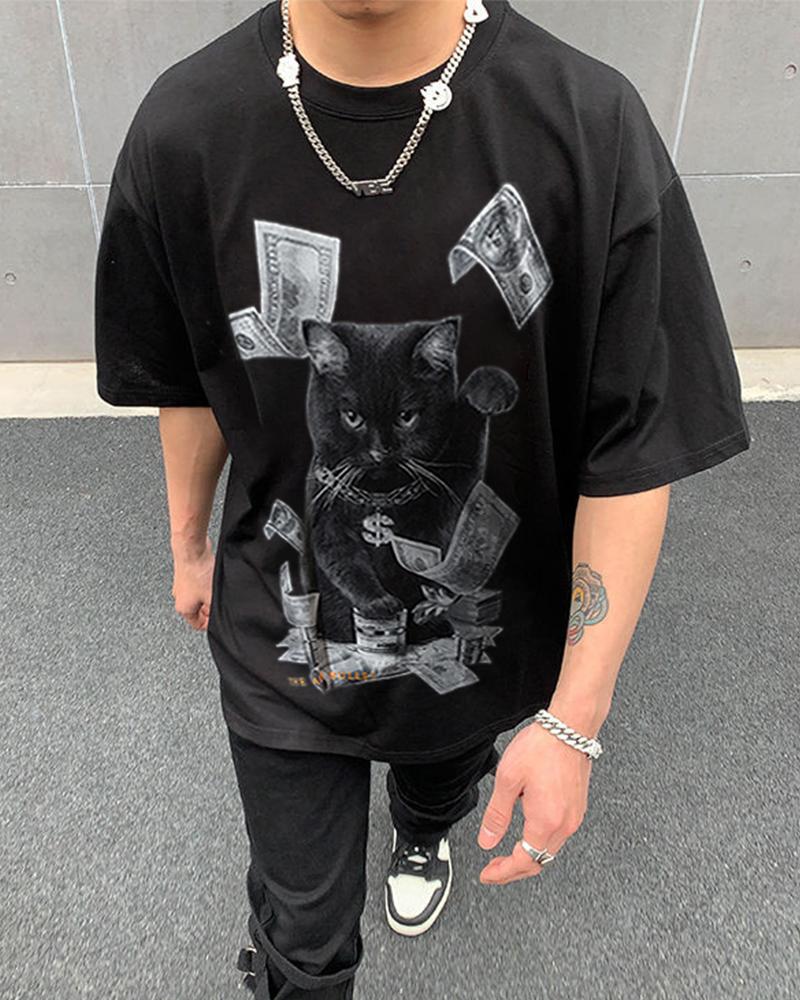 

Hip-hop Kitty Print Short Sleeve Oversize T-shirt, Black