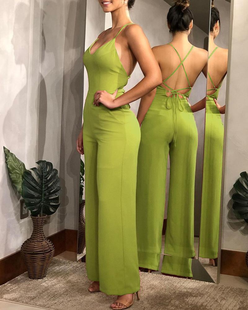 

Plain Halter Backless Wide Leg Jumpsuit, Green