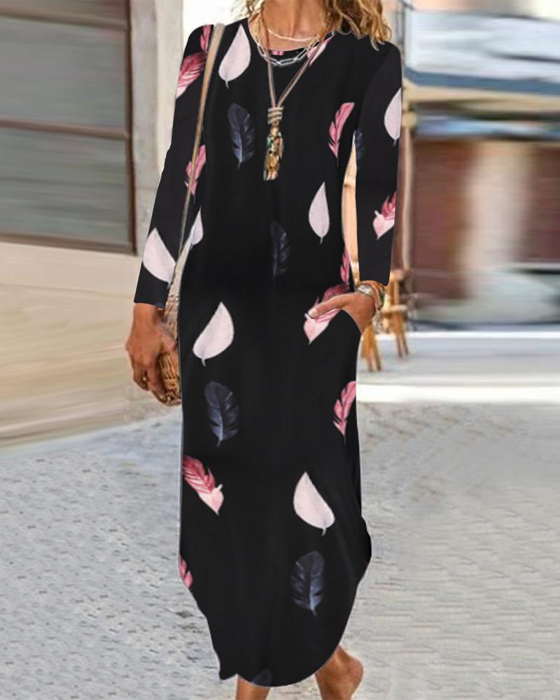 

Feather Print Curved Hem Long Sleeve Maxi Dress, Black