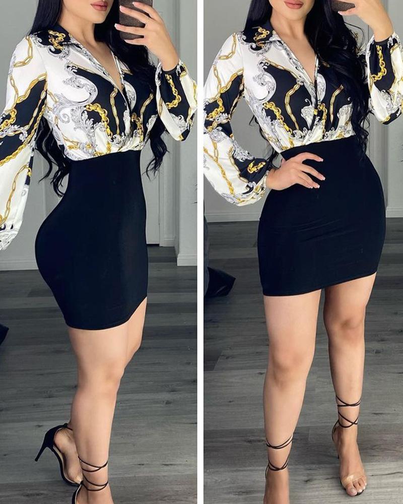 

Scarf Chain Print Lantern Sleeve Wrap Women Dress, White