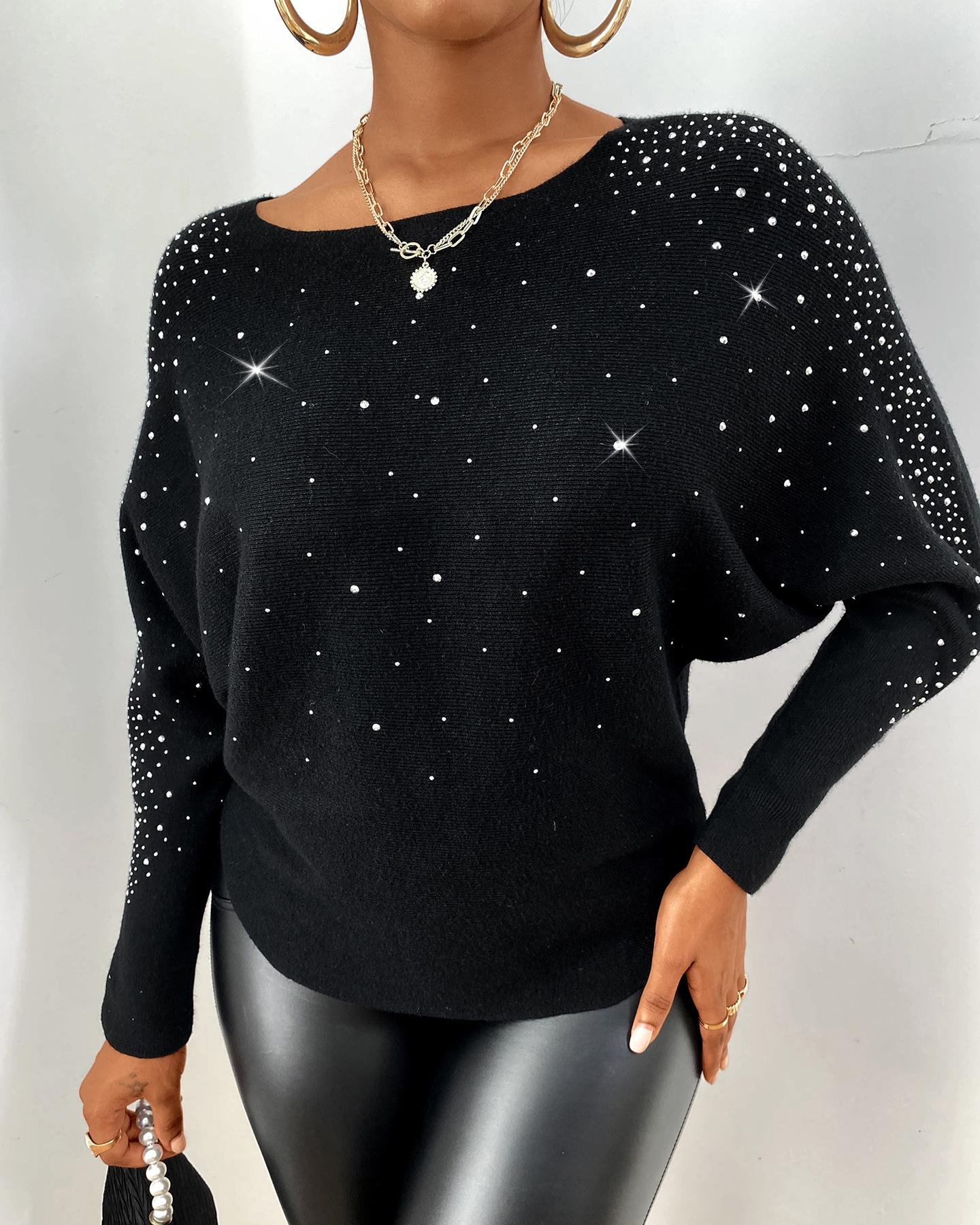 

Rhinestone Batwing Sleeve Knit Casual Top, Black