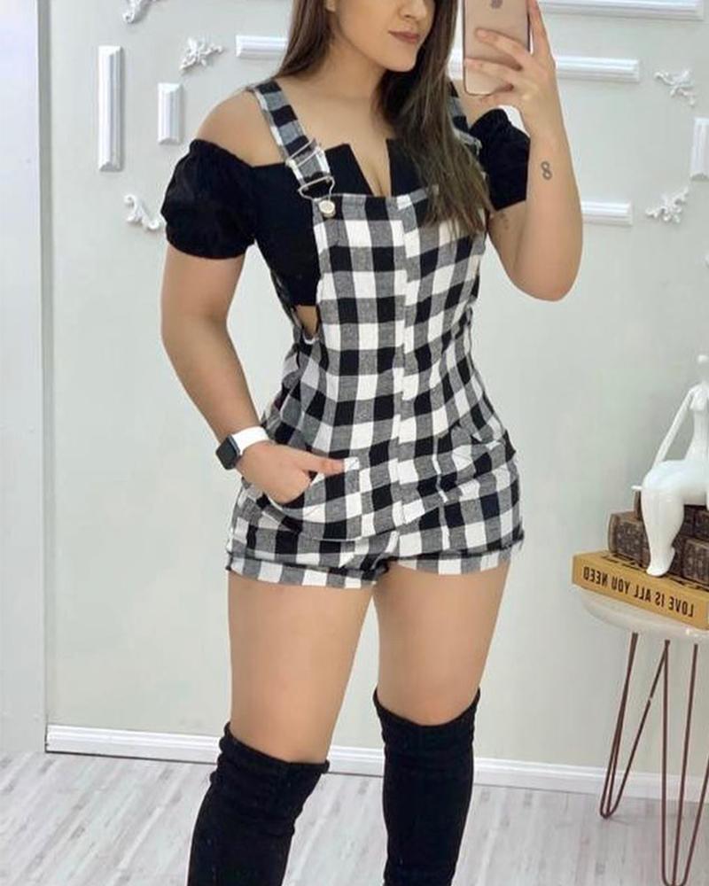 

Gingham Print Wide Strap Romper, Black