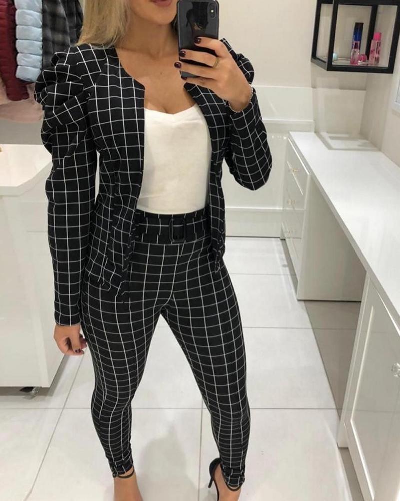 

Puff Sleeve Plaid Print Coat & Pants Set With Belt, Black