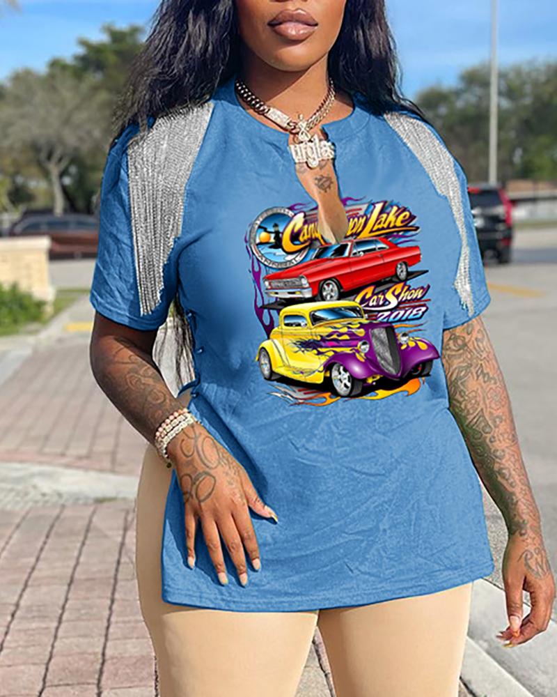 

Letter Car Print Tassel Decor Slit T-shirt, Blue