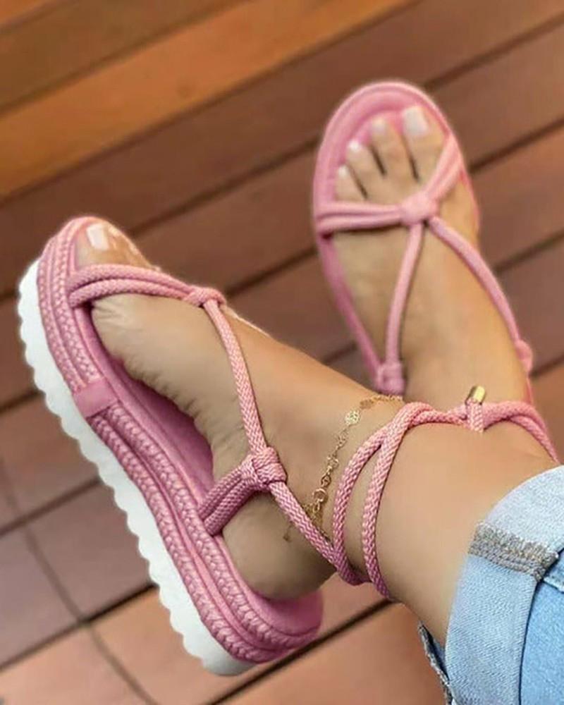 

Braided Strappy Casual Flatform Sandals, Pink