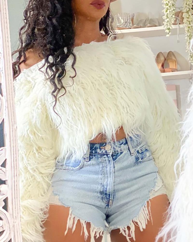

Colorblock Faux Fur Fluffy Top, White