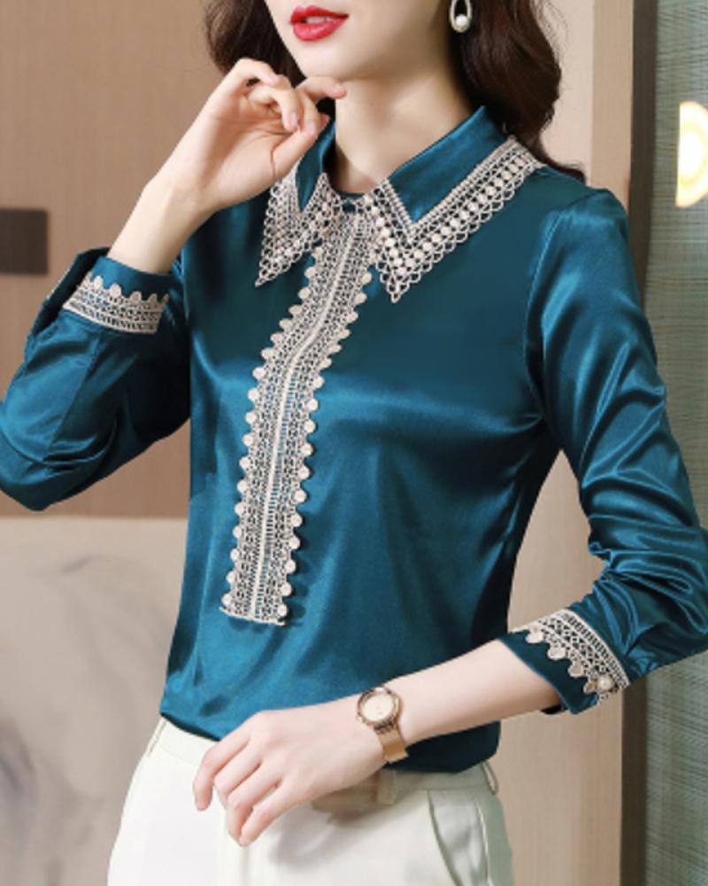 

Guipure Lace Patch Long Sleeve Top, Blue