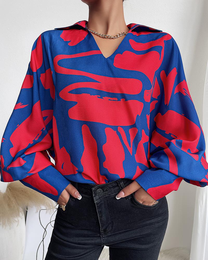 

Collared V-Neck Lantern Sleeve Blouse, Multicolor