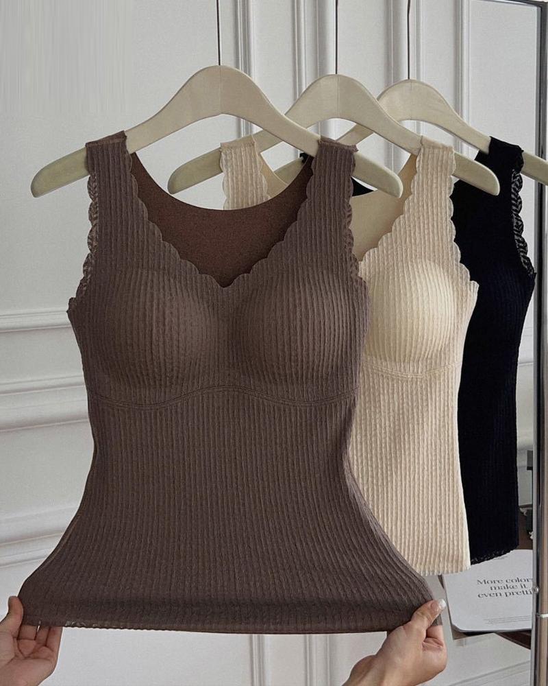 

Contrast Lace Warm Fleece Lined Padded Tank Top, Coffee