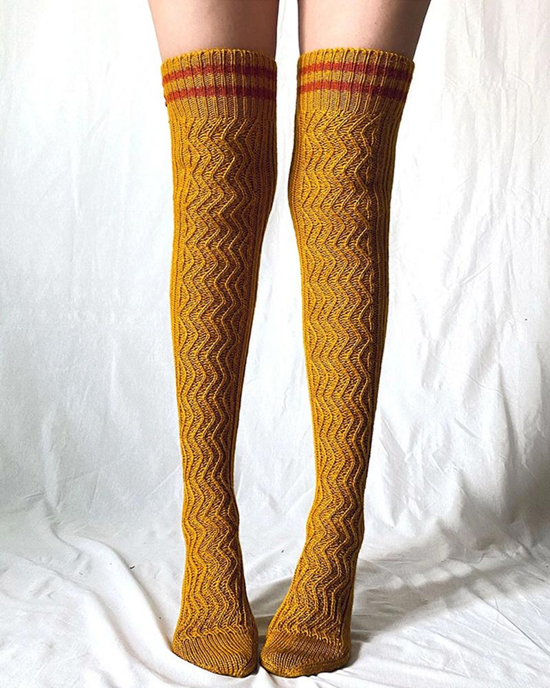 

1Pair Striped Over The Knee Braided Winter Socks, Yellow