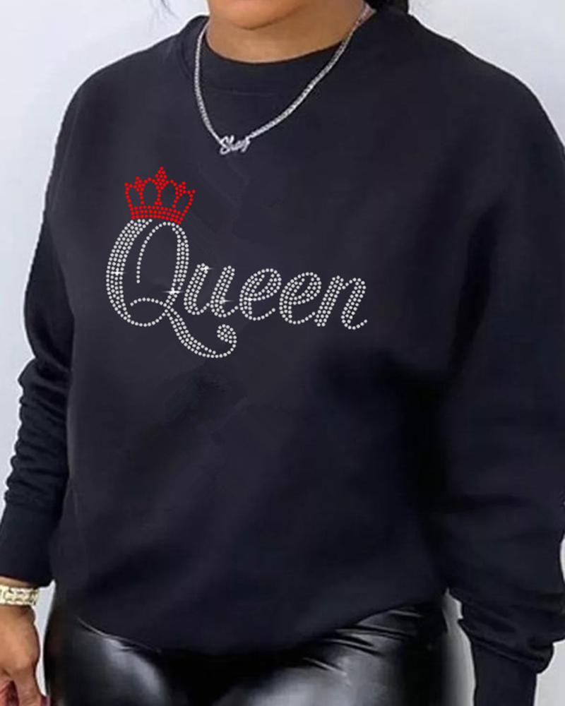 

Rhinestone Letter Queen Pattern Long Sleeve Sweatshirt, Black