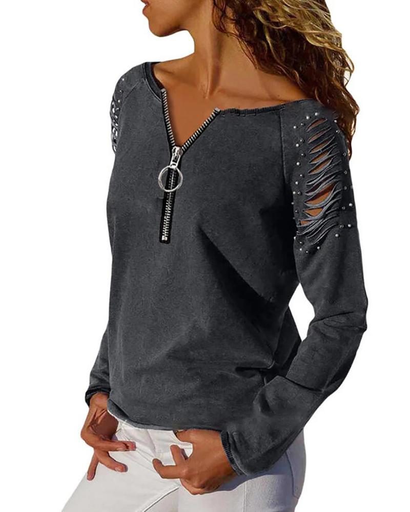 

Ladder Cutout Beaded Zip Front Top, Gray