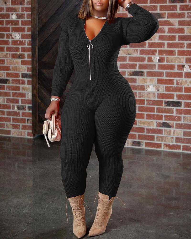 

Padded Shoulder Zipper Design Hooded Knit Jumpsuit, Black