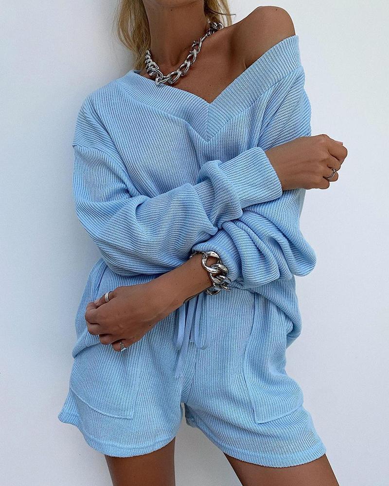 

V Neck Long Sleeve Plain Top & Drawstring Shorts Set, Sky blue