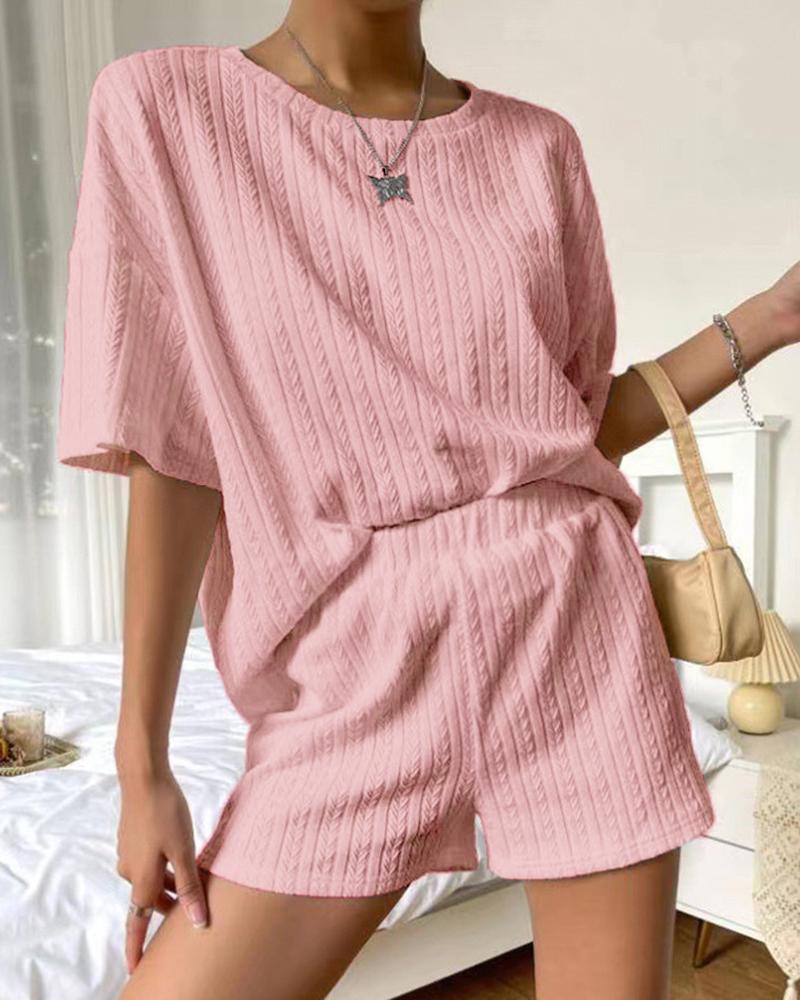 

Cable Textured Half Sleeve Pajamas Set, Pink