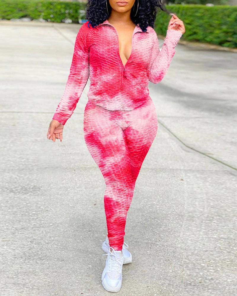 

Tie Dye Print Bubble Textured Zip Front Butt Lifting Active Sets, Red