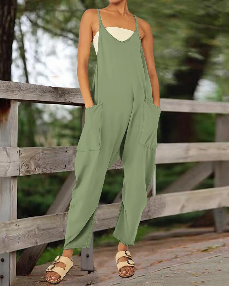 

Pocket Design V-Neck Cami Jumpsuit, Green