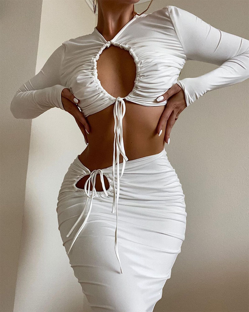 

Cutout Drawstring Ruched Crop Top & Skirt Set, White