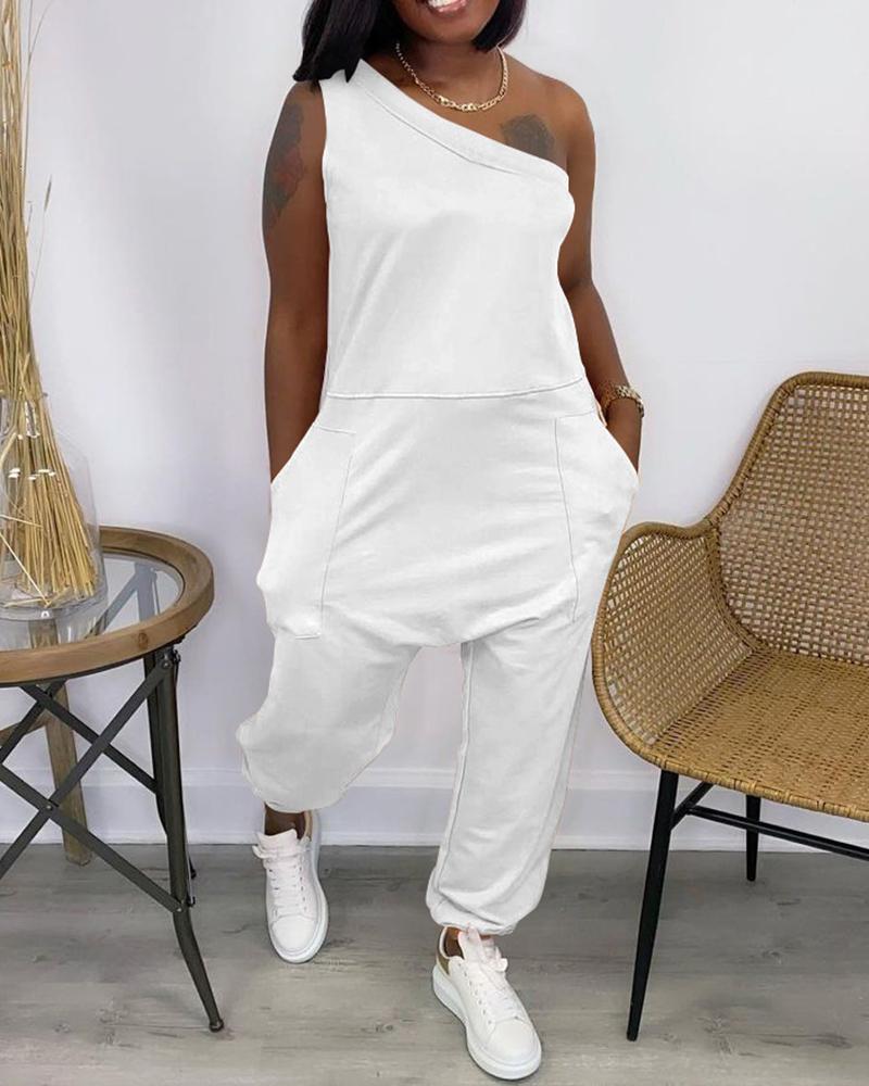 

One Shoulder Pocket Design Casual Jumpsuit, White