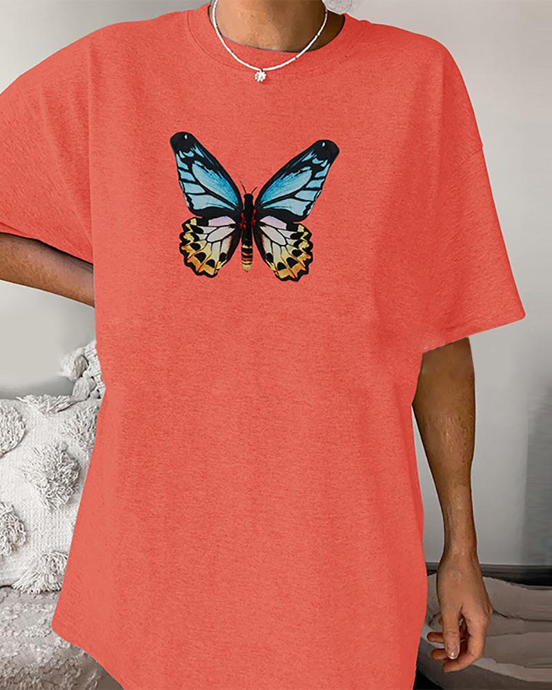 

Short Sleeve Butterfly Print T-Shirt, Pink