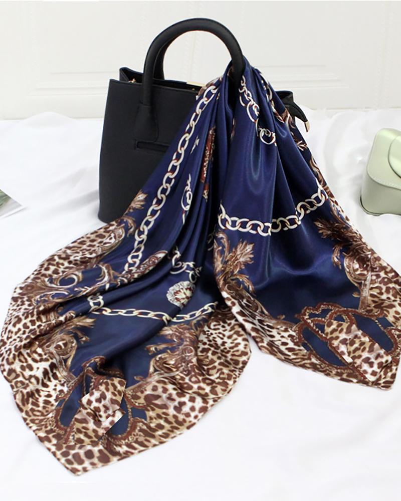 

Cheetah Chain Print Vintage Satin Square Silk Scarf, Dark blue